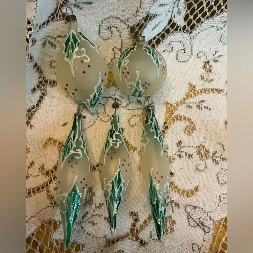 Set of 5 Vintage Hand Blown Glass Holly Ornaments Hand Painted Christmas Decor